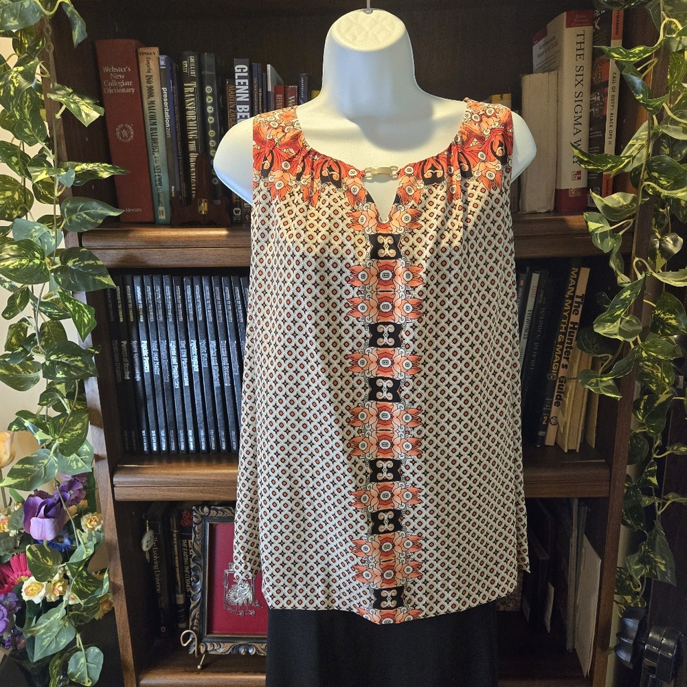 Dana Buchman Peach Print Blouse Cutout V-Neck with Gold Buckle Size XL